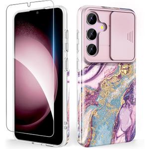 SHEDEER for Samsung Galaxy S25 Case, with Slide Camera Cover & Screen Protector, Chic Pattern, Shockproof 360 Degree Protective Slim Thin Phone Case Cover for Galaxy S25, Star Purple