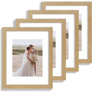 11x14 Picture Frame Set of 4, Made of Glass and Natural Oak Wooden Frame, Display 8x10 Pictures with Mat or 11 x 14 Posters without Mat for Wall Mounting, Gallery Photo Frames