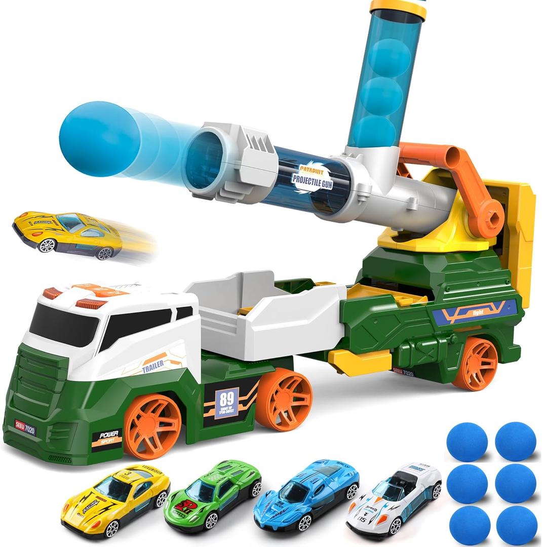 Dwi Dowellin Truck Toys for Kids, 28" Large Car Toys Include 4 Racing Cars+6 Ball, with Light & Sounds, Eejection&Shooting Transport Cars Toy, Gifts for Boys Girls-Green