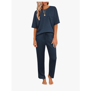 JiniGolla Womens Pajama Sets Waffle Knit Short Sleeve Shirt with Long Pajama Pants Soft Sleepwear Pj Lounge Sets, size -L