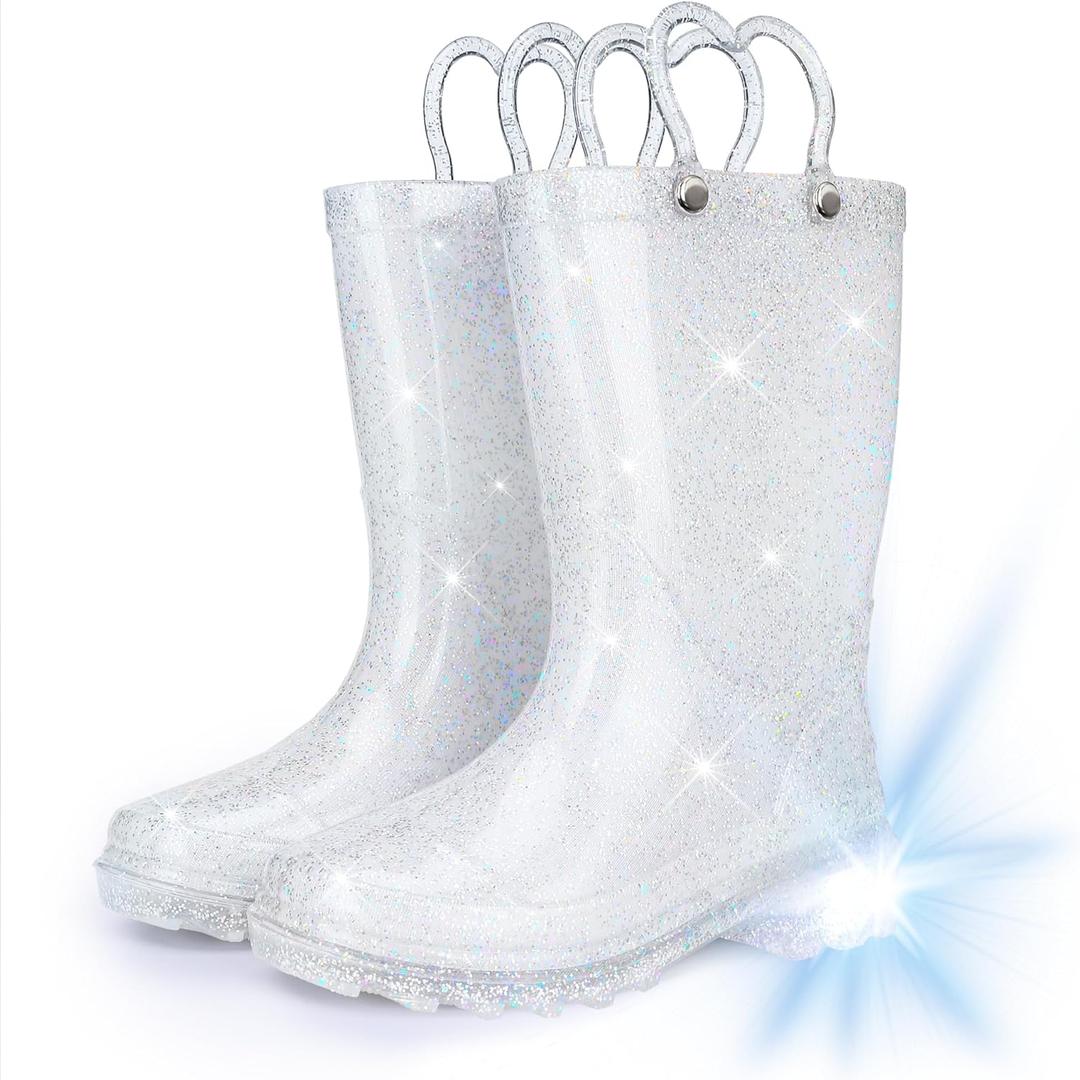 Toddler Rain Boots Girls Rain Boots - Glitter Light Up Kids Rain Boots with Easy-On Handles Lightwight Waterproof Rain Shoes(Toddler/Little/Big kids)