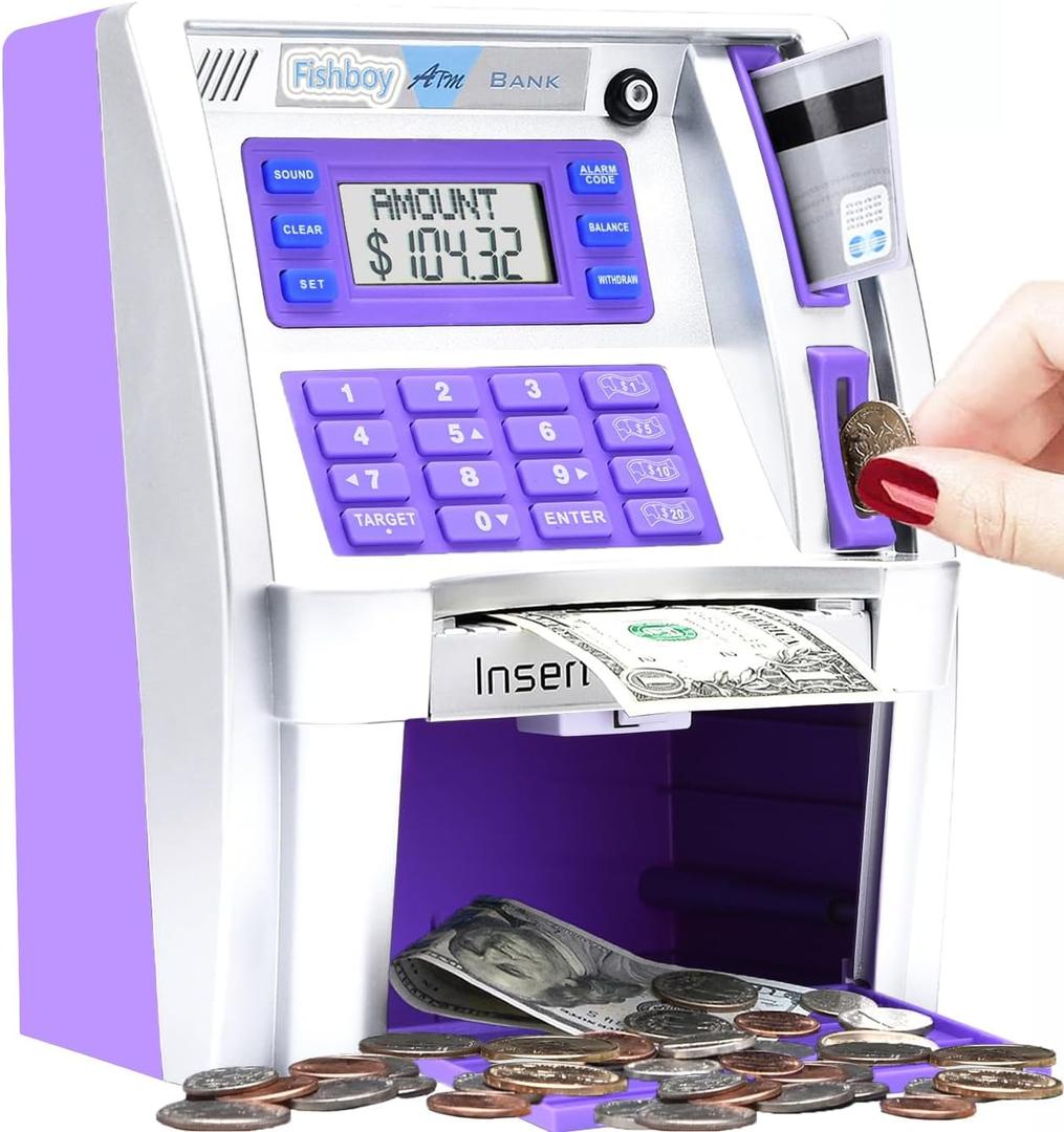 Fishboy ATM Piggy Bank for Kids with Power-Off Memory and Debit Card for Real Money, Onekey Shutdown, Coin Recognition, Target Setting, Bill Feeder, Balance Calculator, Electronic Savings Machine Box (Silver/Purple)