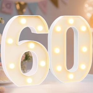 Pooqla Decorative Led Light Up Number Letters, White Plastic Marquee Number Lights Sign for 60th Birthday Party Wedding Decor Battery Operated Number (60) (8.86 in)