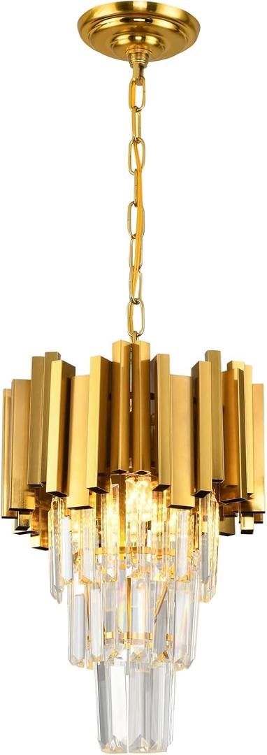 Gold Pendant Light Fixtures Dining Room Chandelier 3-Light Modern Small Crystal Pendant Lights Kitchen Island Kitchen Living Room entryway Bedroom Round Ceiling Hanging Light fixtures 3-Tiers W11.8in