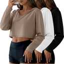 3 Pack Women's Cropped Hoodies Long Sleeve Lightweight Hooded Shirts U Neck Crop Tops Basic Casual Pullover (Black, White, Khaki) Large