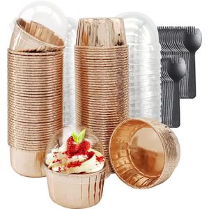 Foil Cupcake Liners with Lids 100Pack,Free-Air 3.5Oz Mini Muffin Liners Cupcake Baking Cups,Disposable Muffin Tins Cupcake Wrappers for Wedding Birthday Party, with Spoons-Champagne