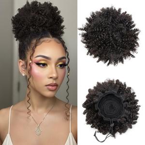 Curly Drawstring Ponytail Extension For Black Women 12" Kinky Curly Hair Ponytail Extensions Human Hair Blend Secure Dual Fixation Ponytail For Gym Workout & Light Sports Daily Use (Deep Brown 120g)