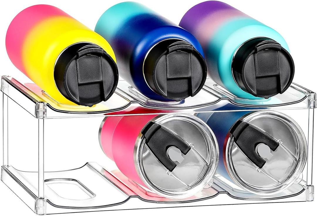 LARGER Compartment - Stackable Water Bottle Organizer Holder - for Stanley & Others' Large Tumbler - Clear Rack, Cup Bottle Holder for Cabinet Home Countertop Fridge Pantry Shelf, 2 Tier Hold 6