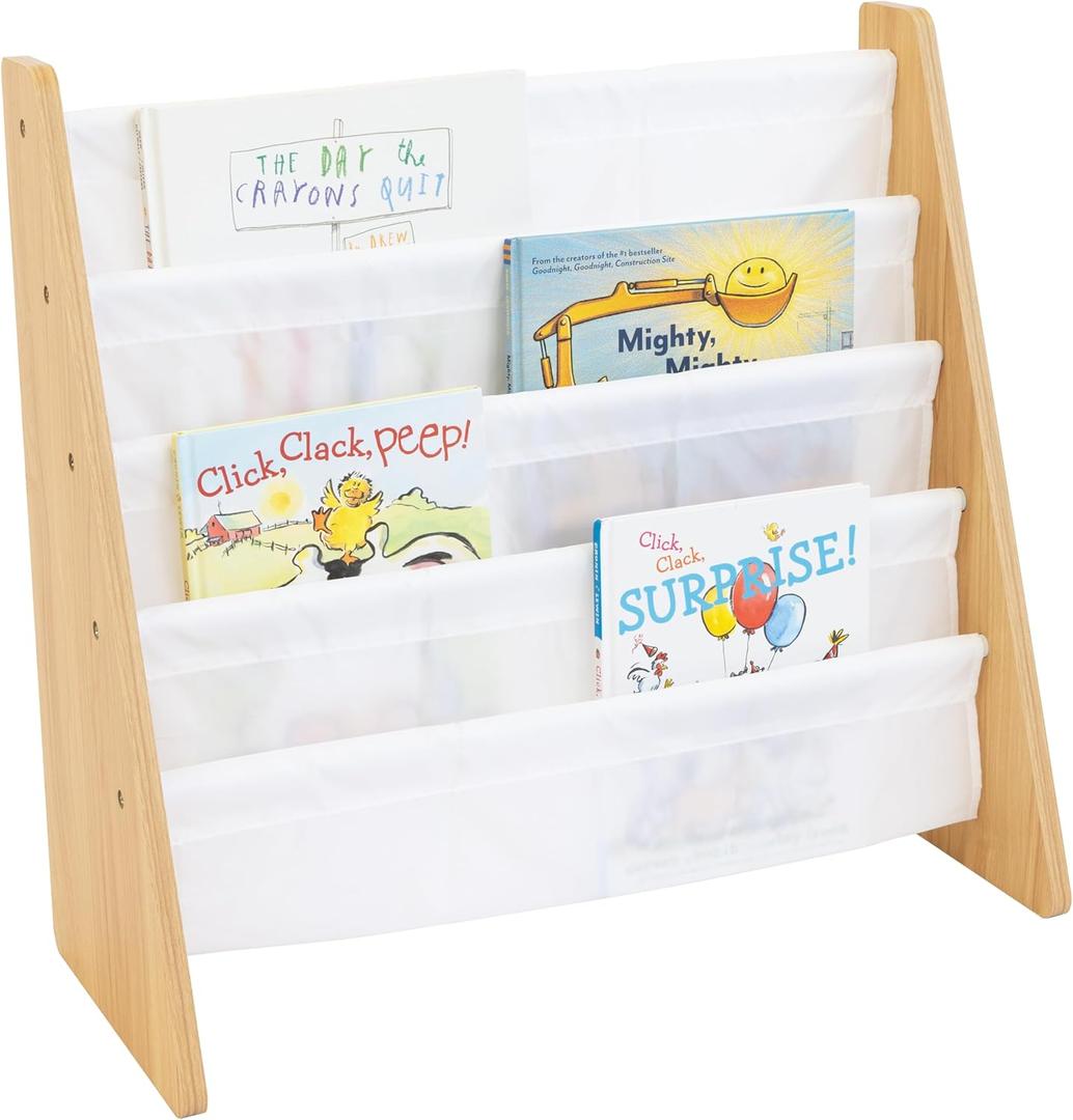 Humble Crew 4-Tier Kids Bookshelf, Natural Wood/White - Premium Book Shelf for Kids Rooms with Four Deep Pockets - Toddler Sling Book Rack with Deep Sleeves, Nursery Bookcase Organizer Humble Crew 4-Tier Kids Bookshelf, Natural Wood/White - Premium Book Shelf for Kids Rooms with Four Deep Pockets - Toddler Sling Book Rack with Deep Sleeves, Nursery Bookcase Organizer