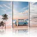HCJWCXD 3-Piece Beach Canvas Wall Art Boho Framed Ocean Wave Ocean Poster Vintage Blue Van Palm Van Print Painting Mid-Century Modern Coastal Wall Decor 16x24 Inch for Living Room Bedroom Office