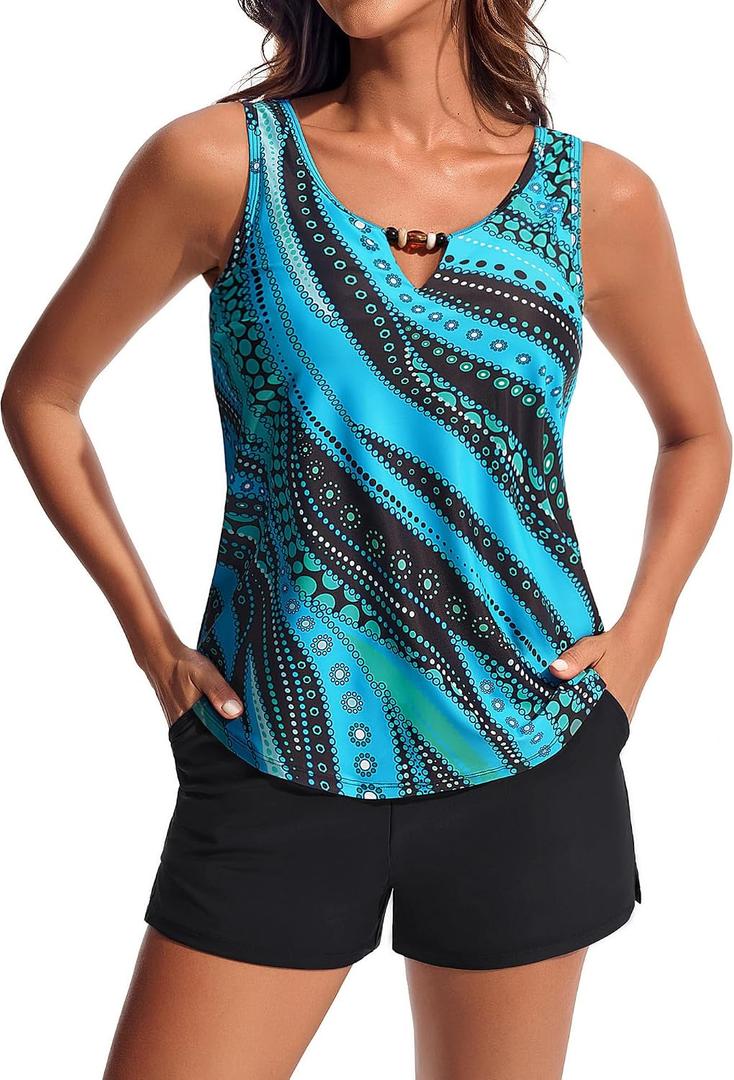 Hanna Nikole Women 2 Piece Tankini Swimsuits, Modest Bathing Suit, Beads V Neck Swimwear with Sporty Swim Shorts Pockets (Blue, L)