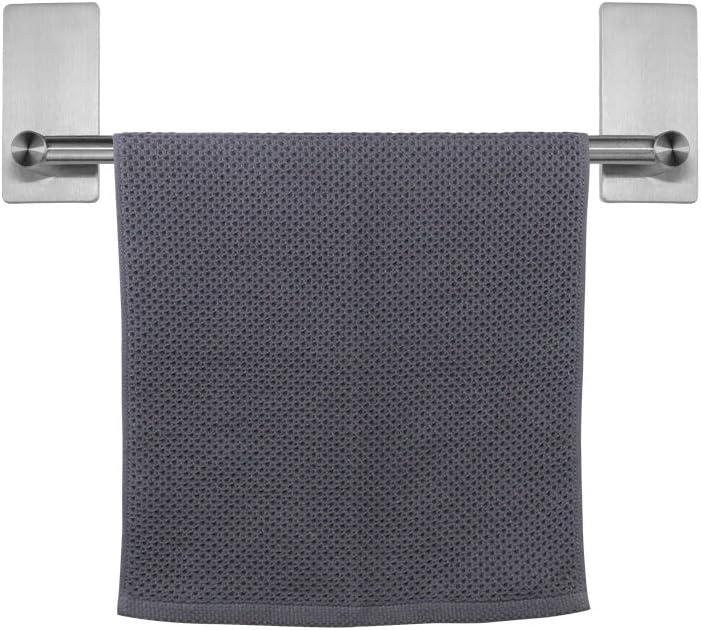 NearMoon Self Adhesive Bathroom Towel Bar- Stainless Steel Bath Wall Shelf Rack Hanging Towel Stick On Sticky Hanger Contemporary Style, NO Drilling (1 Pack, Brushed Nickel, 9-Inch Towel Rack)