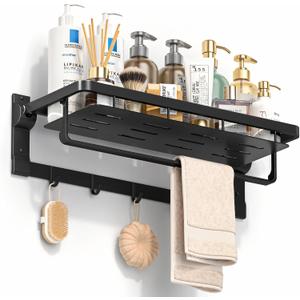Rust-Proof Floating Shelves Organizer With Foldable Towel Bar 5 Towel Hooks Wall Mounted Organizer 23-Inch Towel Racks For Bathroom Lavatory Kitchen Rv Home Decor, Matte Black