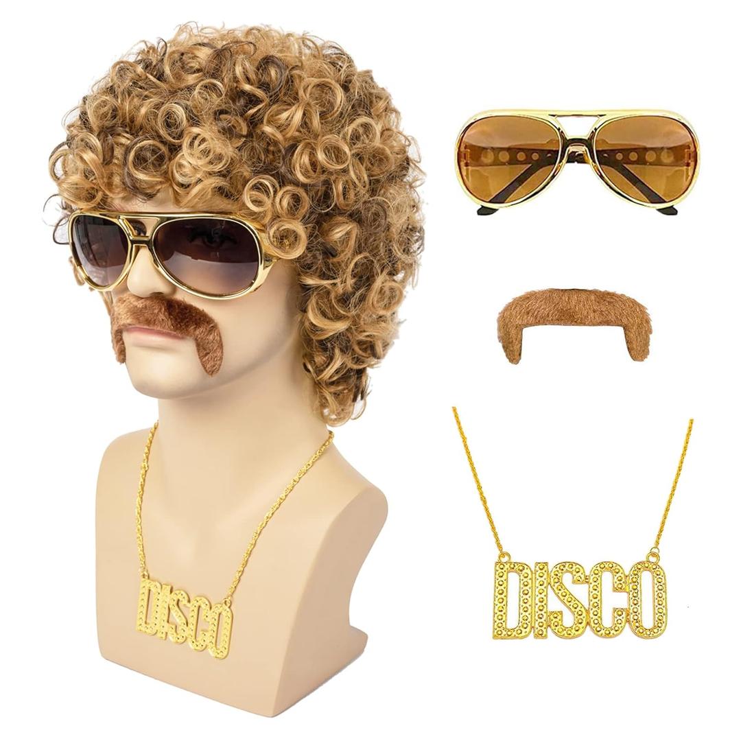 Disco Wig 5Pcs Set (Wig+ Glasses+ Necklace+ Mustache+ Wig Cap) 70'S Costumes Wig Afro Wig Men Short Curly Natural Fluffy Synthetic hair Wig for Halloween Disco Party (Blonde Mixed Brown)