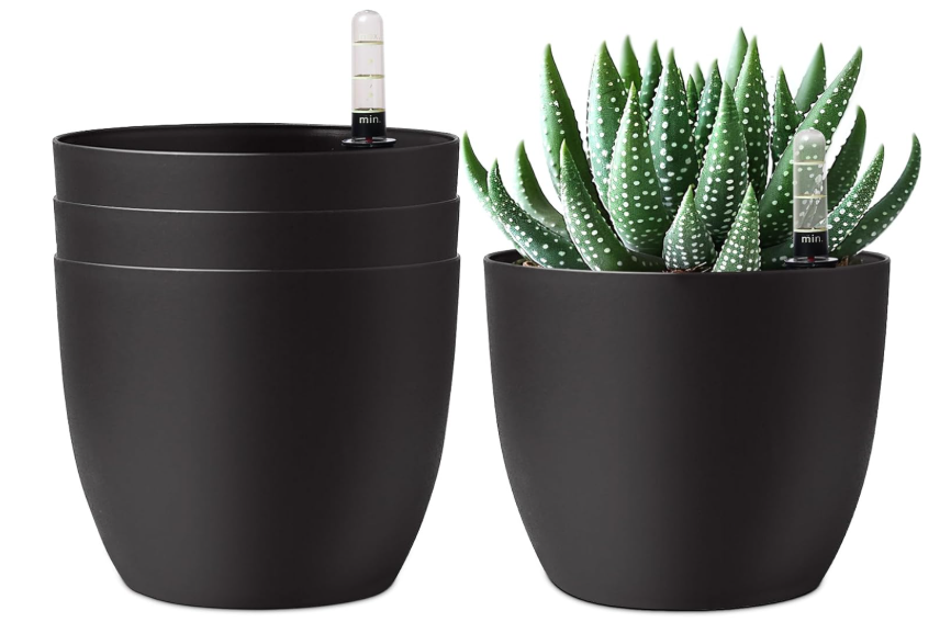 T4U 6 Inch Plastic Self Watering Planter with Water Level Indicator Black Set of 4, Modern Decorative Planter Pot for All House Plants, Flowers, Herbs, African Violets, Succulents