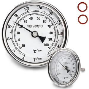 Stainless Steel Kettle Thermometer for Home Brewing, 1/2 NPT with Lock Nut & O-Ring (3" Face)