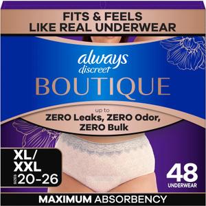 Always Discreet Boutique Black, Reimagined Adult Diapers for Women, Maximum Absorbency Incontinence and Postpartum Underwear Size XL/XXL, Fits and Feels Like Real Underwear, 48 Count