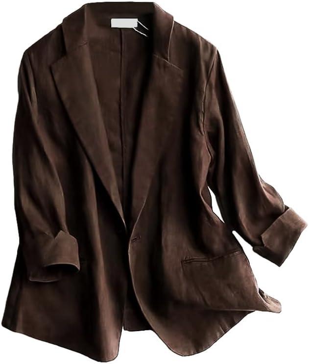 IDEALSANXUN Linen Blazer Women 3/4 Sleeve Lightweight Spring Summer Blazer Jackets (Large, 1-coffee)