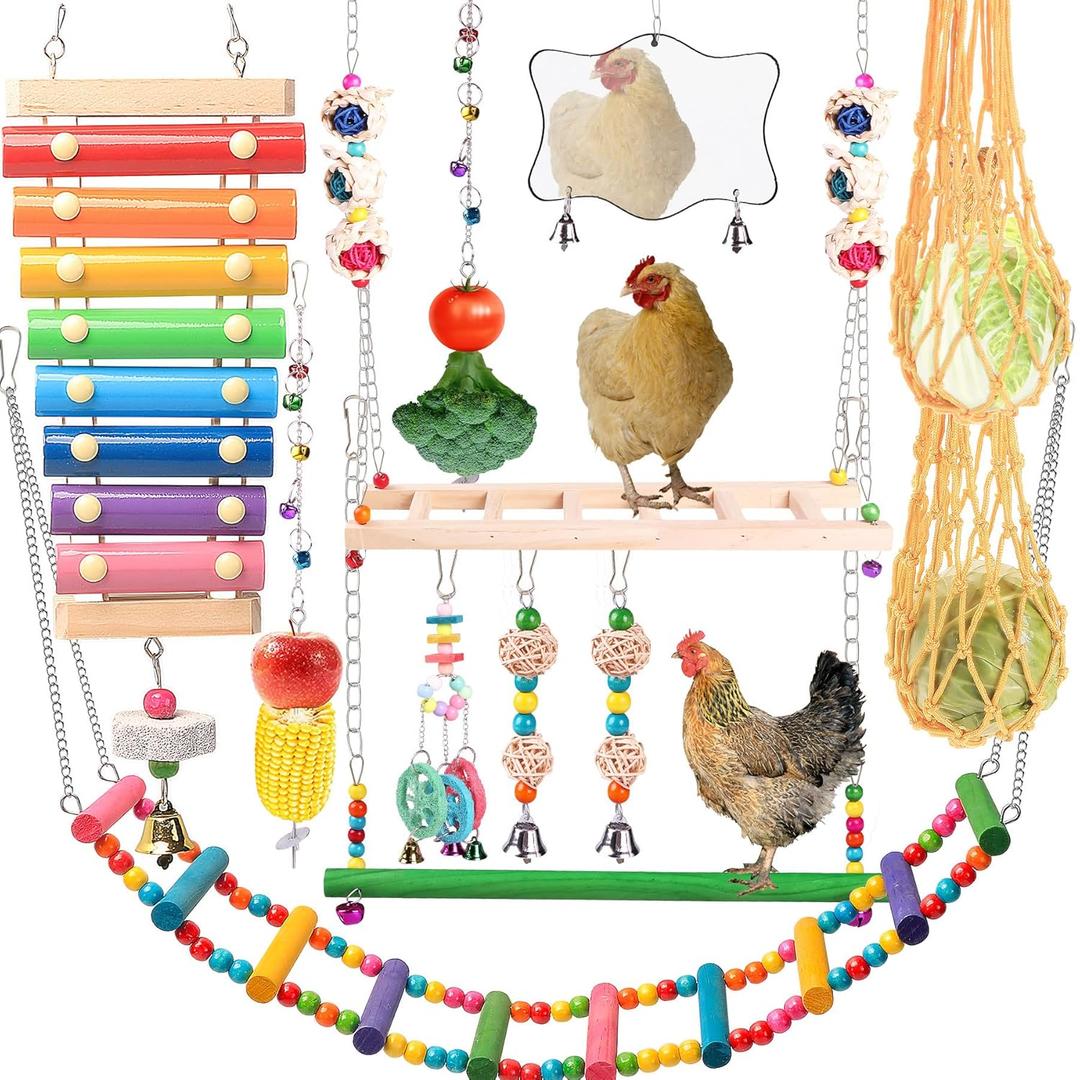Chicken Toys for Coop 12PCS Set, KAKUNM Chicken Enrichment Toys, Including Xylophone, Swing Set, Mirror Toy, Flexible Ladder, Vegetable String Bag and Hanging Feeder, Coop Accessories for Hens
