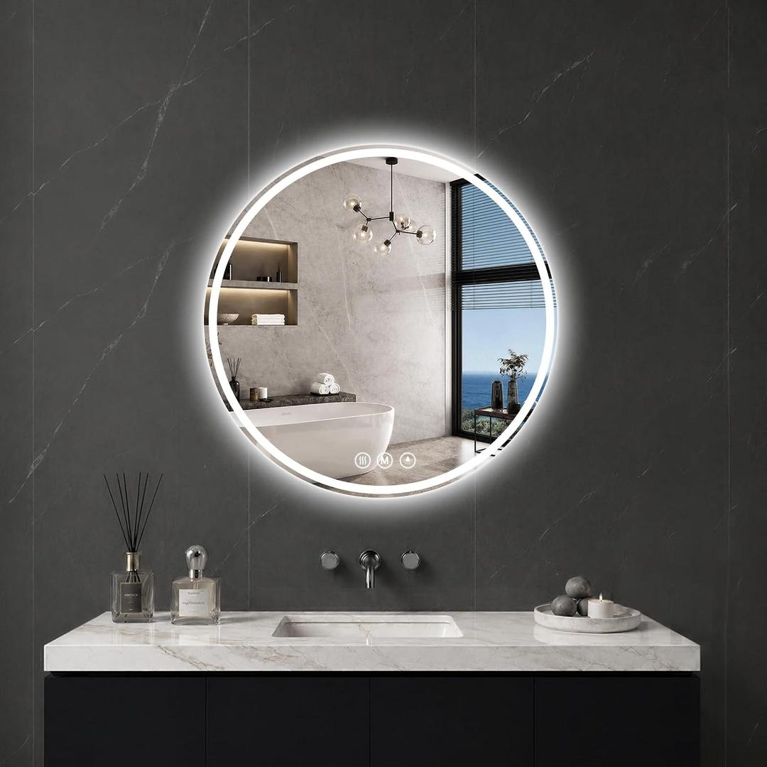 Round LED Bathroom Mirror, 20 Inch, HD Shatterproof Tempered Glass