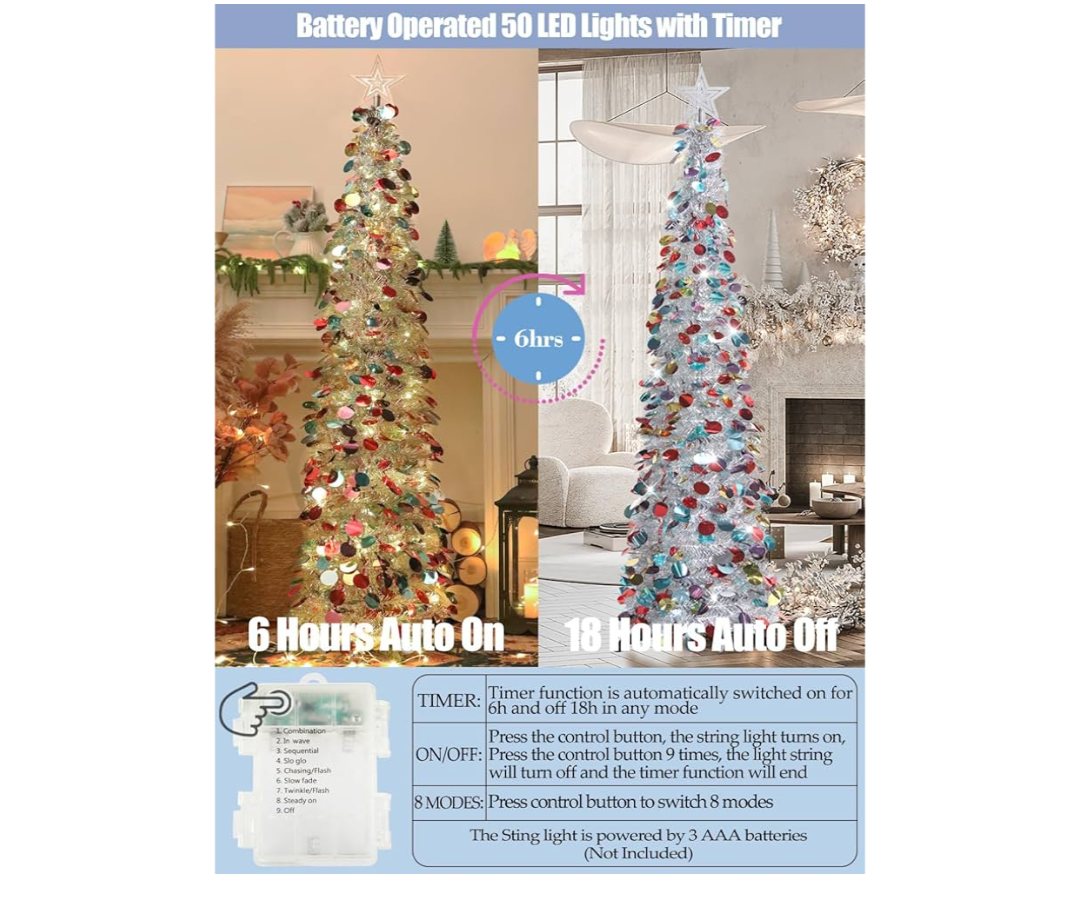 HMASYO 6 FT Pop Up Christmas Tree with Timer Lights, Silver Christmas Tinsel Tree, Collapsible Artificial Pencil Christmas Tree for Indoor Home Apartment Porch Holiday Party Decorations