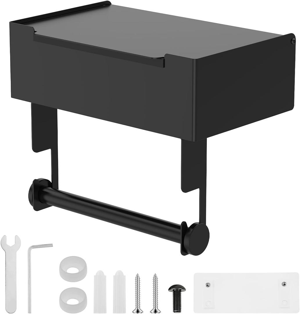 Matte Black Toilet Paper Holder Kit for Drilling, Safe Easy to Install 8 Inch Stainless Steel Paper Holder, Wall Mount, Stable Toilet Roll Holder with Shelf for Your Bathrooms Paper Towels