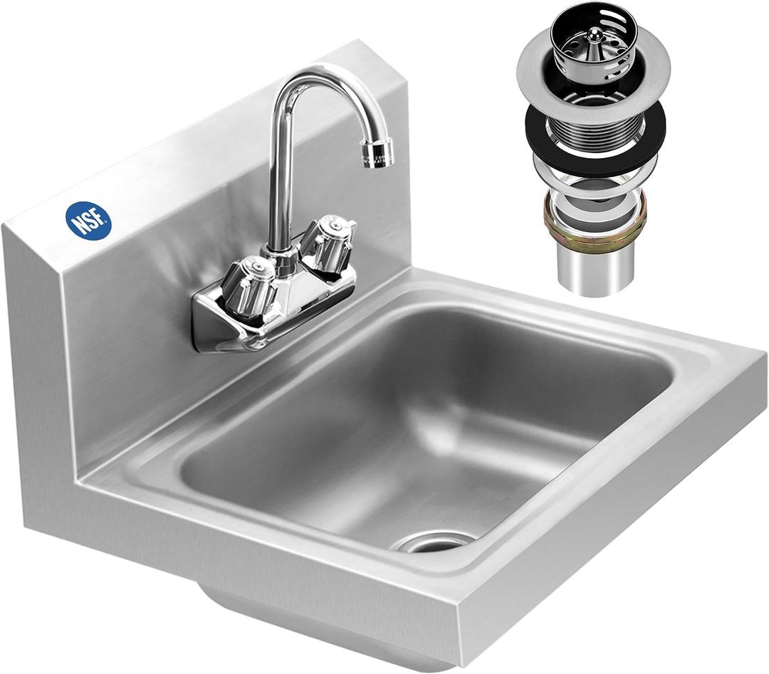 BIEAMA Stainless Steel Hand Sink NSF 17x 15" Wall Mount Commercial Hand Washing Sink, with Strainer and Faucet, for Home, Stores, Restaurants, Bars