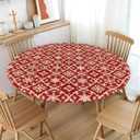 Christmas Round Fitted Tablecloth with Elastic for 44-48 Inch Tables Red Gold Snowflake Block Print Winter Fitted Table Cover Waterproof Holiday Theme Farmhouse Indoor Outdoor Patio Picnic Party