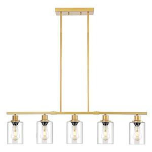 3WWWUEE 39.4" Kitchen Island Lighting, 5 Lights Clear Glass Pendant Light Fixtue, Golden Linear Metal Chandelier for Dining&Living Room Foyer,Height Adjustable,E26 Socket