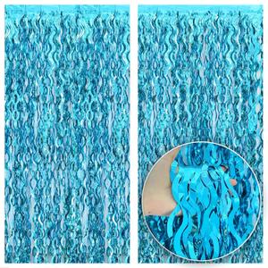 Katchon, Xtralarge Wavy Blue Foil Fringe Curtain - Pack of 2 | Blue Streamers for Under The Sea Party Decorations | Foil Fringe Backdrop for Birthday, Cruise Door Decorations, Pool Party Decorations