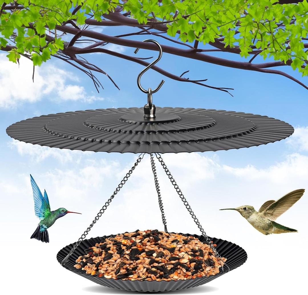 7.7" Metal Bird Feeder Hanging Outdoor, Small Bird Feeder with Squirrel Baffle, Bird Feeder Cover Shield Umbrella Weather Guard, Black (1 pack)