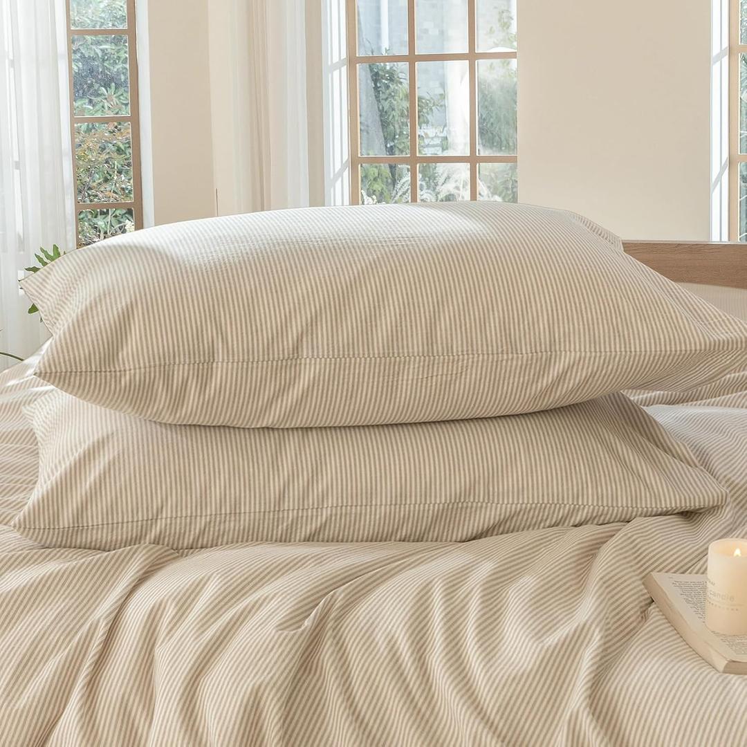 MooMee Bedding Pillowcases Striped Pack of 2 100% Washed Cotton Linen Like Textured Breathable Durable Soft Comfy (Tannish Linen Grey White Pinstripes, Queen)