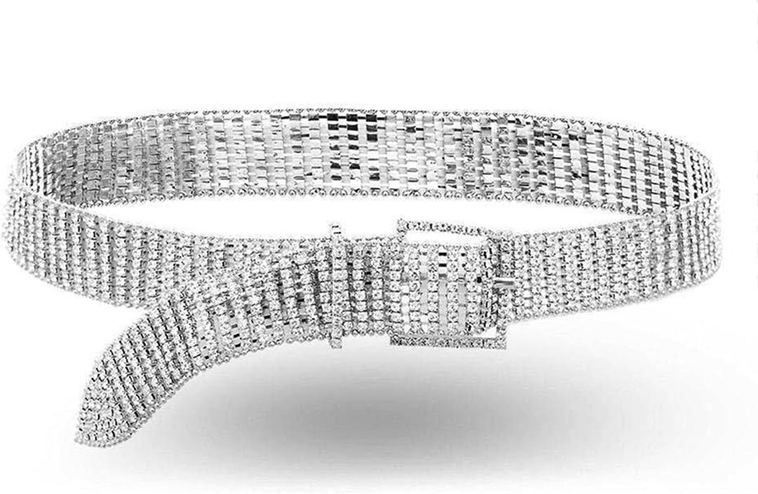 Ayliss Women Rhinestone Belt Bling Crystal Shiny Waist Dress Belt Silver Fashion Glitter Chains Dress Wedding Party Gift