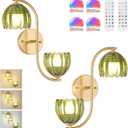 Battery Operated Wall Sconce, 2-Lights Vinatge Brass Wall Lighting Up and Down with Green Tulip Shade for Living Room, Bedroom, Symmetrical 2 Pack