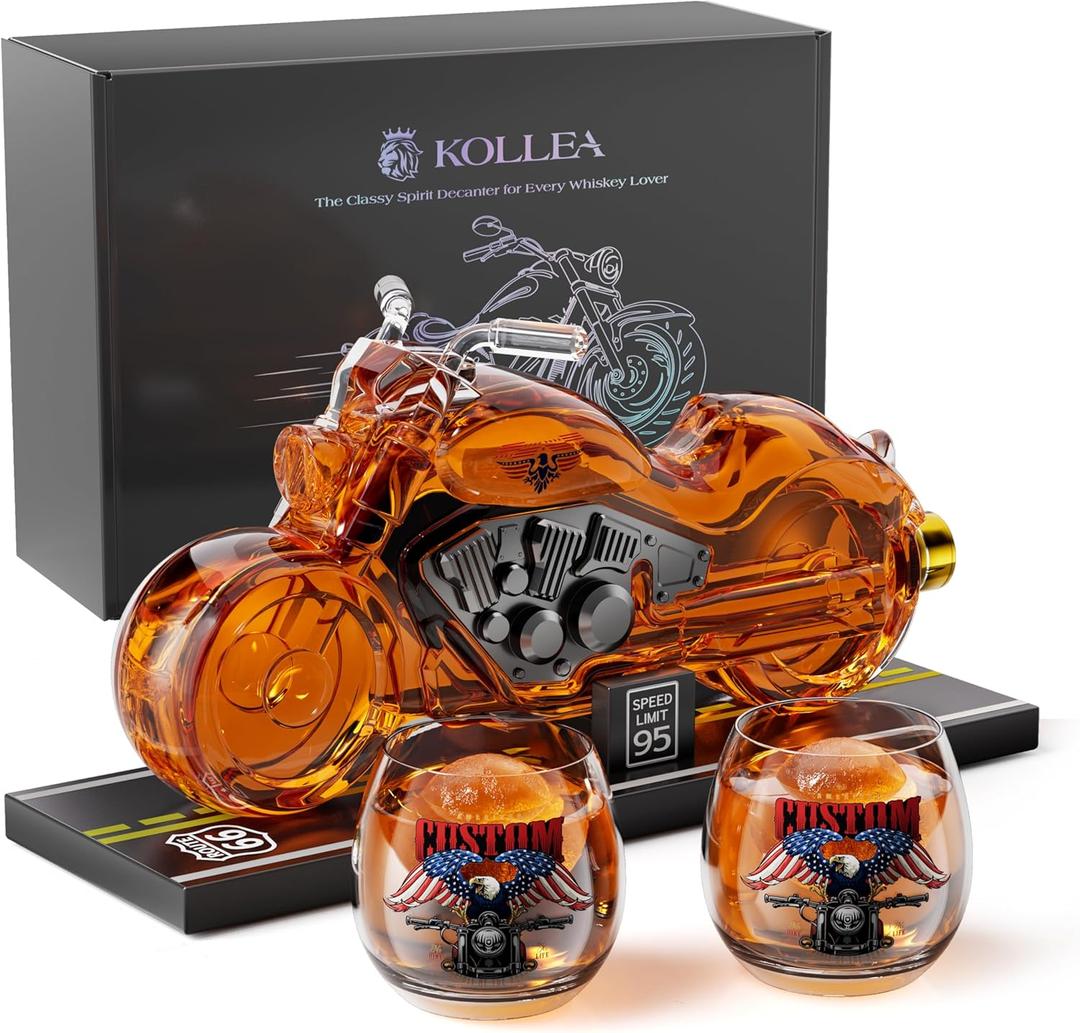 Kollea Birthday Gifts for Men Dad, Flag Motorcycle Whiskey Decanter Set with 2 Glasses, Liquor Dispenser for Home Bar, Unique Gift for Father, Boyfriend, Anniversary, Biker & Motor Lover, Christmas