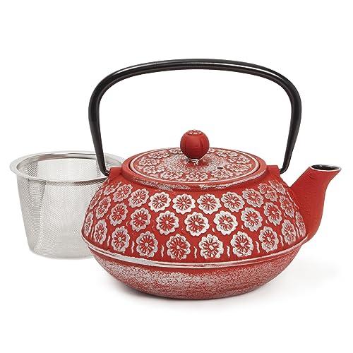 Juvale Red Floral Cast Iron Teapot Kettle - Superior Heat Retention & Stovetop Tea Kettle - Built-In Infuser & Loose Leaf Tea Pot - Red, 34 oz