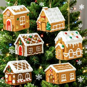Bbiamsleep 6 Pcs 3D Gingerbread House Ornaments Resin Candy House Hanging Ornaments with Rope Gingerbread Christmas Decorations for Christmas Tree Holiday Party New Year Home Decor