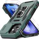 DEERLAMN Case for iPhone 17 6.3-Inch with Slide Camera Cover + Screen Protector (2 Packs), Rotated Ring Kickstand Military Grade Shockproof Protective Cover-Green