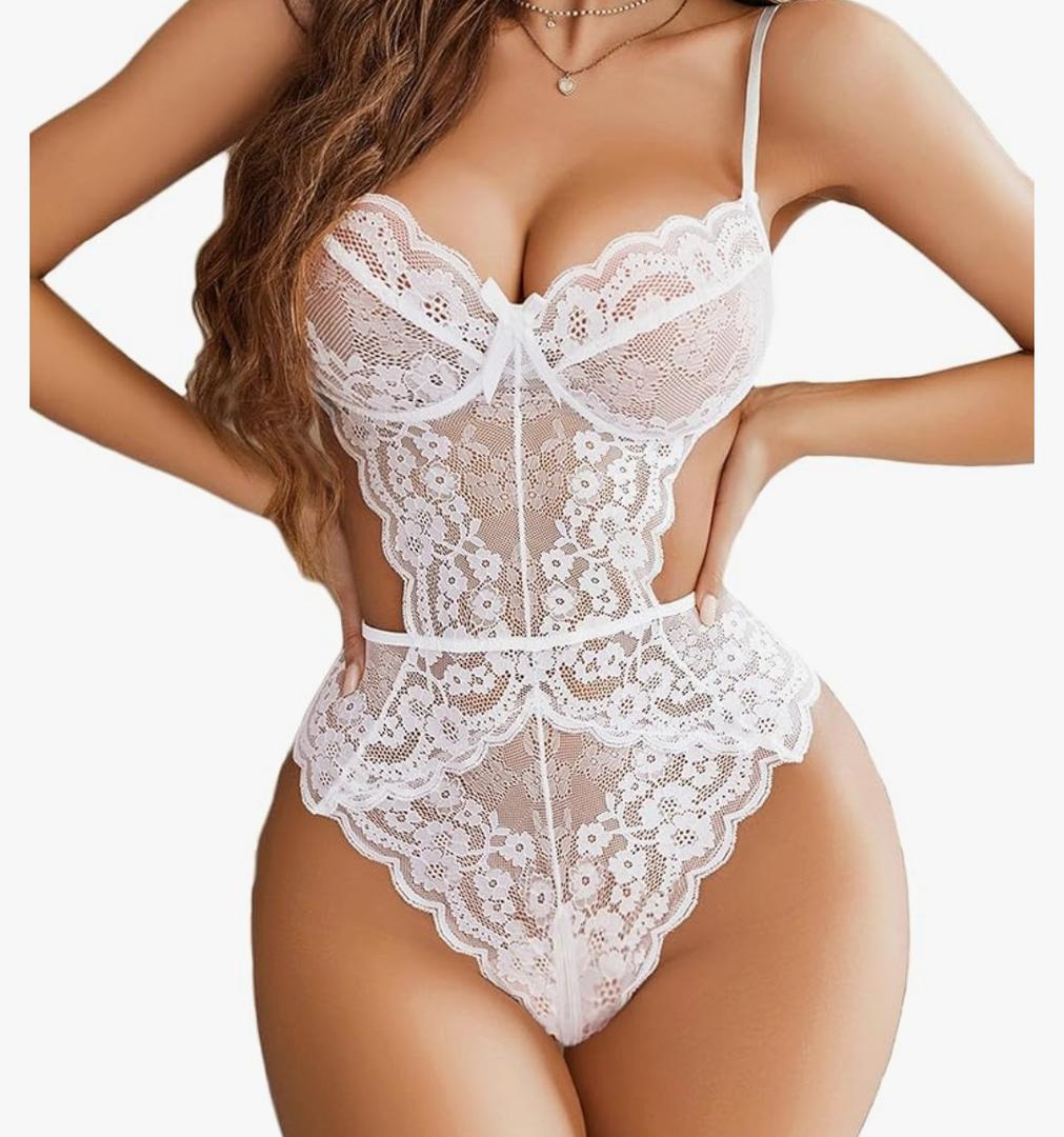 Women Lingerie Lace Bodysuit Teddy Lingeries V Neck Cut Out One Piece Mini Babydoll M