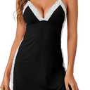 Rooscier Women's Lace Lingerie Sexy V Neck Nightwear Spaghetti Strap Nightgown Split Side Babydoll Chemise (Black, XS)