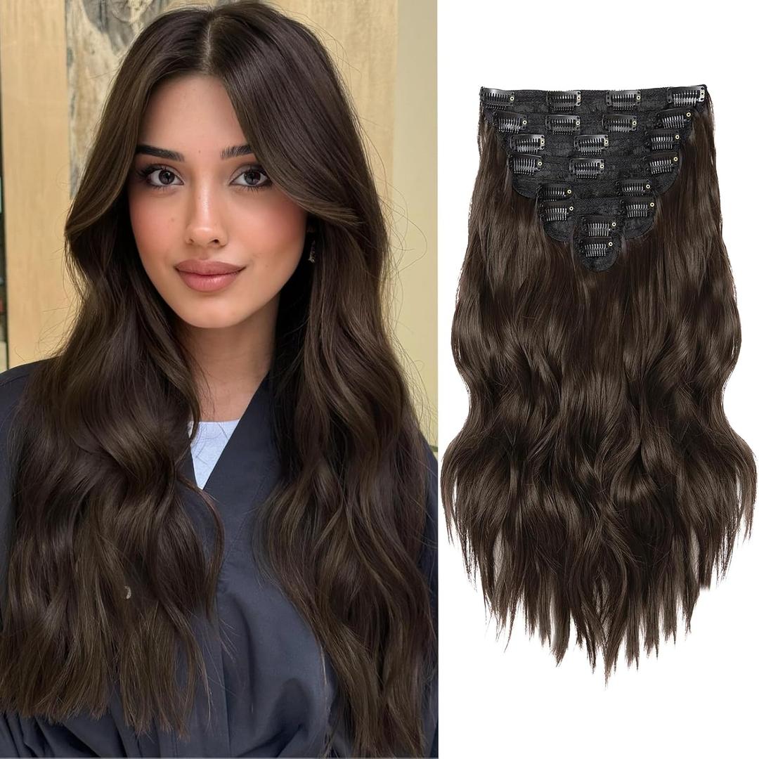Hair Extensions for Women, 8PCS 16 Inch Dark Brown Clip in Hair Extensions, Synthetic Long Wavy Hairpieces for Women Full Head Thick