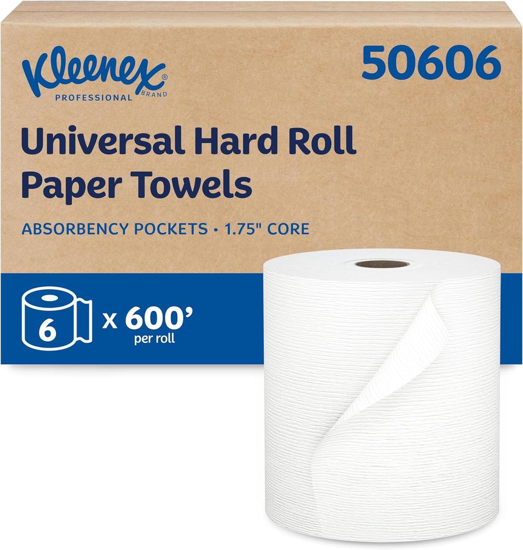 Kleenex Universal Hard Roll Paper Towels, Bulk (50606), Hardwound 1.75" Core, Premium Absorbency Pockets, White, (600'/Roll, 6 Rolls/Case, 3,600'/Case)