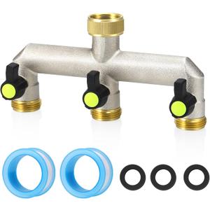 Brass Garden Hose Splitter - Water Hose Splitter 3 Way Heavy Duty, Outdoor Faucet Splitter with Shut Off Valves, Hose Bib Adapter and Spigot Connector 3/4"