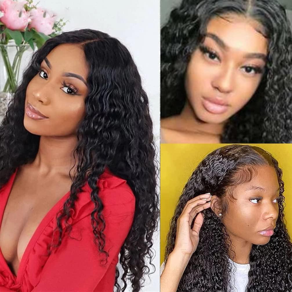 ASVNRES Lace Front Wigs Deep Wave Synthetic Human Hair Pre-Plucked Glueless Wigs 23.6-Inch-Long Black Wavy Wigs for Women