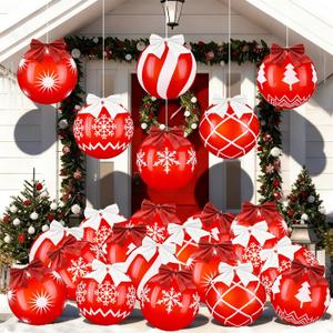Jenaai 24 Pcs Red and White Christmas Inflatable Balls Decorations 9 Inch PVC Inflatable Balls Large Outdoor Blow up Christmas Ornaments Winter Snowflake Hanging Ornaments for Xmas Tree Yard Pool