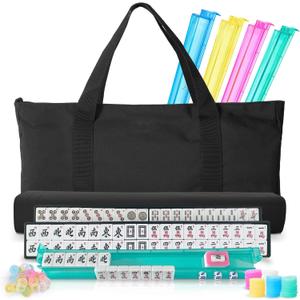 Mahjong Tile Set,166 White Tiles Mahjong Set, 4 All-in-One Rack/Pushers /3 dice, /100 Money Chips /1 Mahjong Instructions, American Mahjong Set with Black Carrying Bag