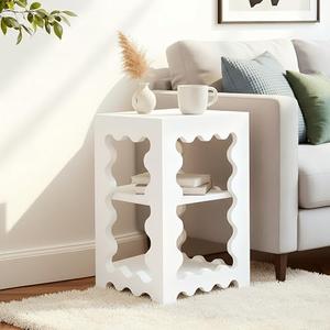 UJSCE Boho Small Side Table with Storage Shelf - White Wood Side Table for Small Spaces - Compact Living Room Furniture