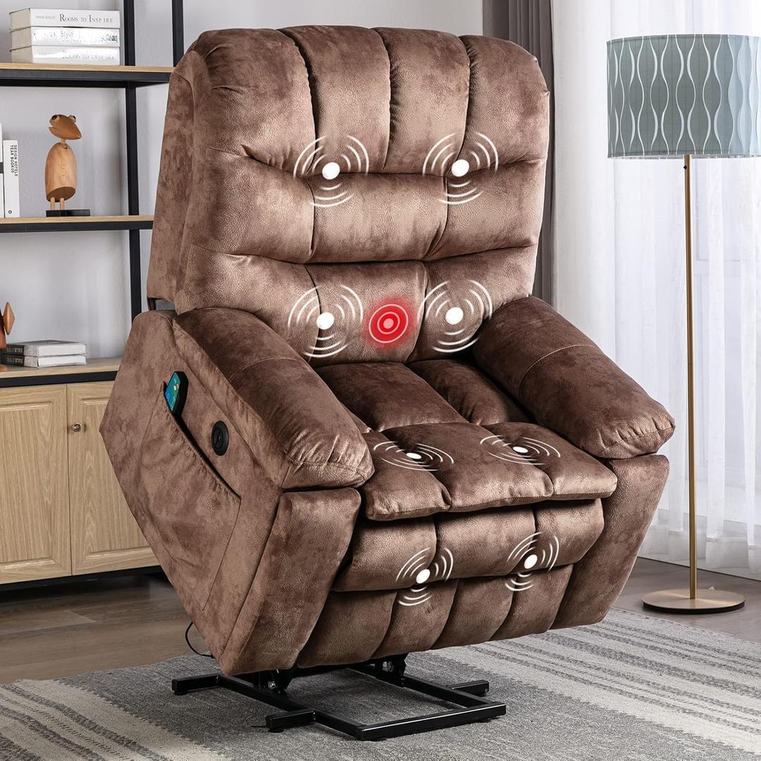 CANMOV Large Power Lift Recliner Chairs with Massage and Heat for Elderly, Heavy Duty and Safety Motion Reclining Mechanism Electric Wide Recliners with USB Ports, 2 Hidden Cup Holders,Brown
