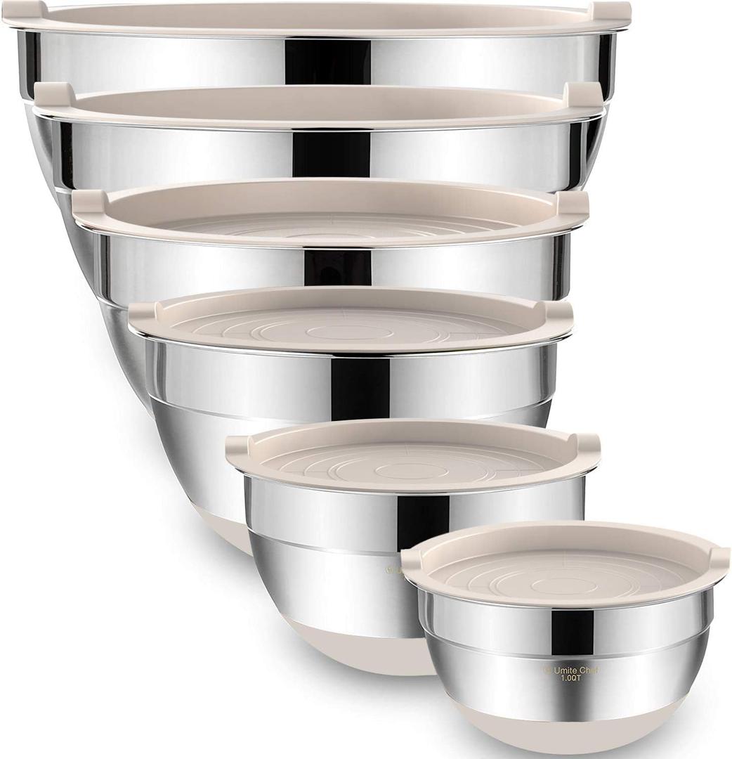 Umite Chef Mixing Bowls with Airtight Lids, 6 piece Stainless Steel Metal Nesting Storage Bowls, Non-Slip Bottoms Size 7, 3.5, 2.5, 2.0,1.5, 1QT, Great for Mixing & Serving (Khaki), 7 Quarts