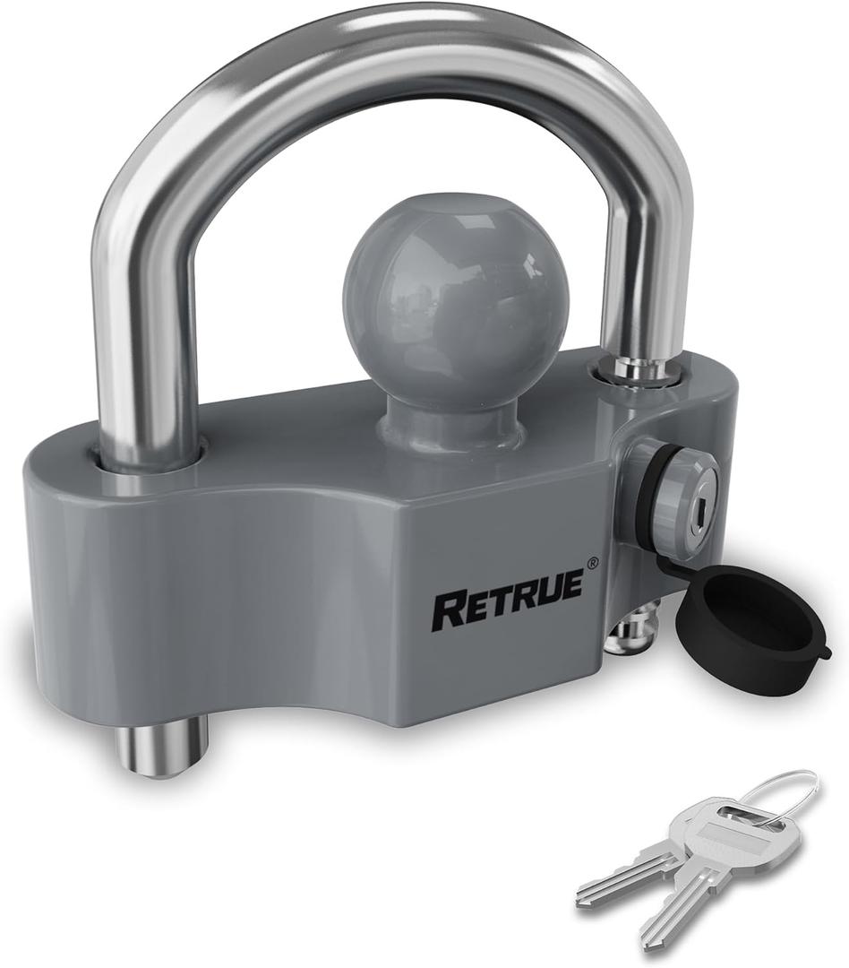 RETRUE Heavy-Duty Universal Coupler Lock Trailer Locks Ball Hitch Trailer Hitch Lock Adjustable Security Steel Fits 1-7/8 Inch, 2 Inch, 2-5/16 Inch Couplers Grey & Silver